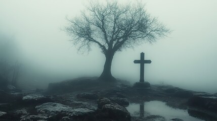 Aufkleber - sacred silence leafless tree beside a christian cross stark serene misty background abstract minimalist digital art illustration