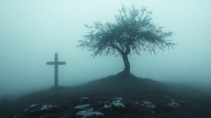 Aufkleber - sacred silence leafless tree beside a prominent christian cross serene stark foggy background abstract minimalist digital art illustration
