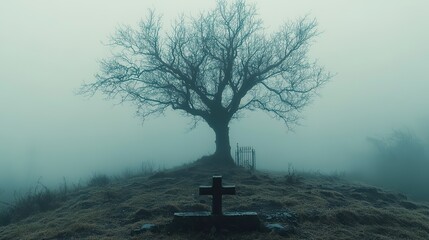 Poster - sacred silence leafless tree with christian cross and gate or burial site stark ethereal foggy background abstract minimalist digital art illustration