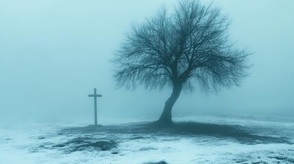 Aufkleber - sacred silence leafless tree with christian cross stark ethereal foggy background abstract minimalist digital art illustration