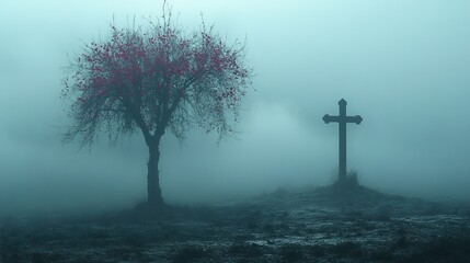 Aufkleber - sacred silence leafless tree with christian cross stark ethereal foggy background abstract minimalist digital art illustration