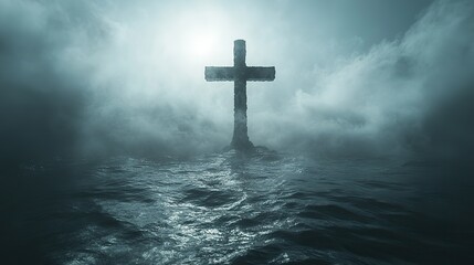 Aufkleber - sacred silence solitary cross framed on the sea stark ethereal foggy background abstract minimalist digital art illustration