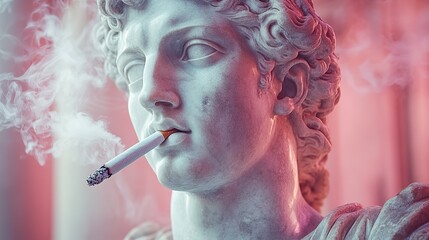 Poster - sculpture of the greek god apollo smoking a cigarette on a pink background