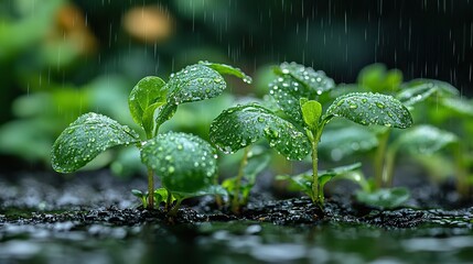Poster - seedling growing after rain green lush background