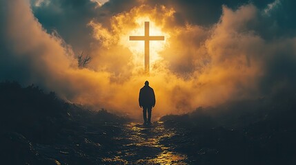 Aufkleber - silhouette of a man fluctuating in the clouds christian cross in the sky