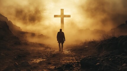 Aufkleber - silhouette of a man in the desert in front of a cross arid landscape in the dust under the sun