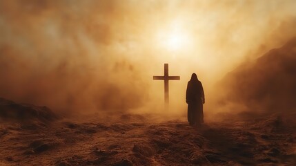 Aufkleber - silhouette of a man in the desert in front of a cross arid landscape in the dust under the sun