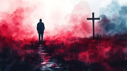 Aufkleber - silhouette of a man praying on the background of the cross digital watercolor painting