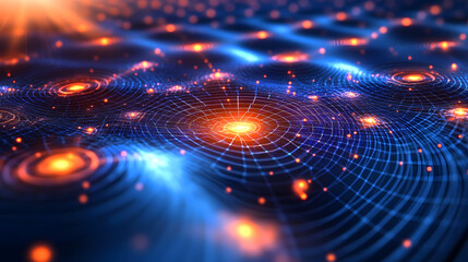Poster - Blue and orange background featuring circles and stars in abstract design