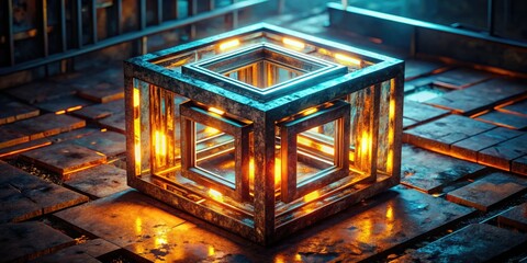 4K looping animation: a dynamic hypercube evolves, illuminating urban spaces.