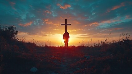 Aufkleber - silhouette of hands and a cross on sunset sky background