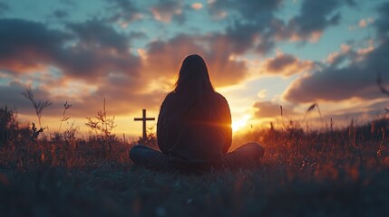 Leinwandbilder - silhouette of hands and a cross on sunset sky background