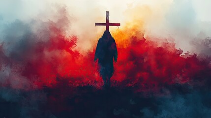 Aufkleber - silhouette of jesus christ carrying the cross digital watercolor painting