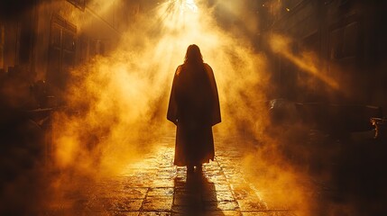 Poster - silhouette of jesus in a room with light from window