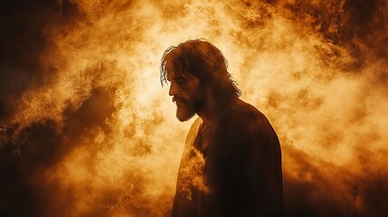Poster - silhouette of jesus in the smoke and sunlight