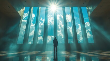 Poster - silhouette of jesus in worship standing in a room with large windows