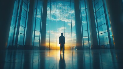 Fototapete - silhouette of jesus in worship standing in a room with large windows