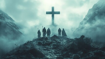 Aufkleber - silhouette of people staring at the cross on top of a mountain digital illustration