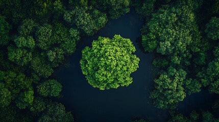 Poster - Aerial view of lush green forest with a single tree in a pond.