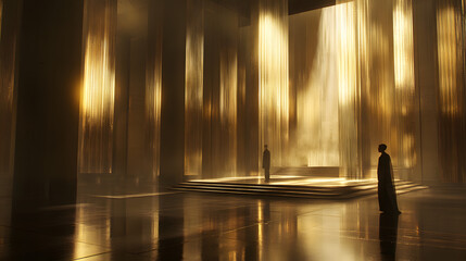 Poster - Person standing in a room with light casting shadows on the wall creating an interesting visual effect
