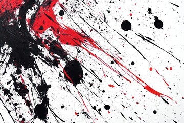 Wall Mural - explosive ink splatter in bold blacks and reds erupting across a stark white canvas, dynamic streaks