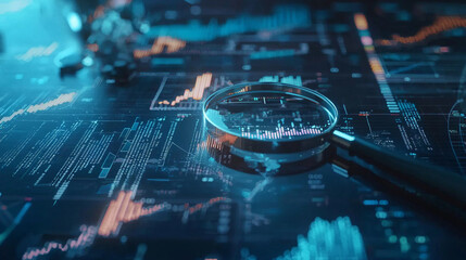 Poster - Magnifying glass on futuristic data screen showing charts and graphs detailed analysis code growth