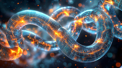 Poster - blue and orange abstract background featuring a glowing chain design for creative projects
