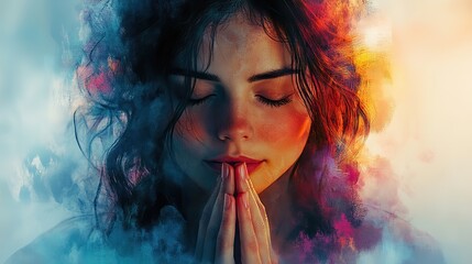 Poster - spiritual awakening woman in prayer digital watercolor illustration