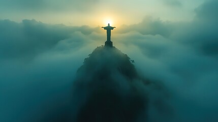 Aufkleber - statue of christ on top of the mountain with foggy background
