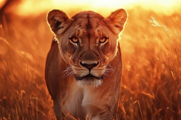 Wall Mural - fierce lioness with piercing golden eyes stalking through tall savanna grass, bathed in the fiery gl