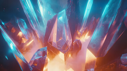 Poster - Blue and orange crystal cluster with bright light emitting from the center