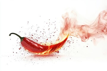 Wall Mural - fiery red chili pepper with glowing embers trailing upward, stark white backdrop, smoke curling deli