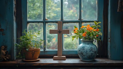 Aufkleber - still life by the window bible wooden cross plant and ceramic pot