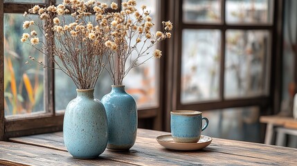 Aufkleber - still life with ceramic vases cup and dried flowers on table