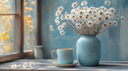 Poster - still life with ceramic vases cup and dried flowers on table