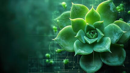 Fototapete - succulent flower design on a green background with architectural blueprint elements symbolizing growth and innovation in technology engineering or architecture