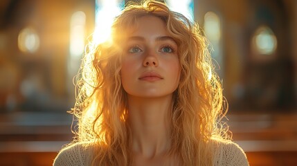 Aufkleber - sunlit prayer blonde woman praying in the church