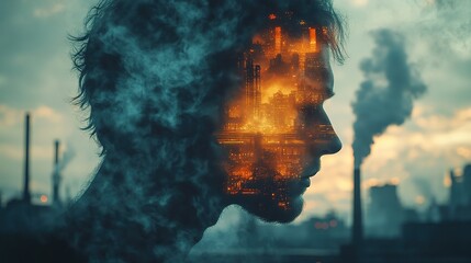 Poster - surreal collage vintage poster style photography double exposure of man with smoke coming out of factory chimney pollution concept