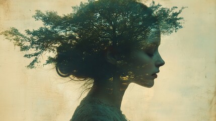 Poster - surreal collage vintage poster style photography double exposure portrait of woman with tree in the head conceptual image