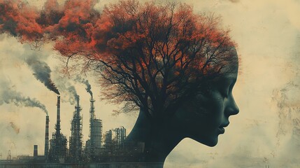 Poster - surreal collage vintage poster style photography man s head with dead tree and smoke coming out of a factory environmental pollution