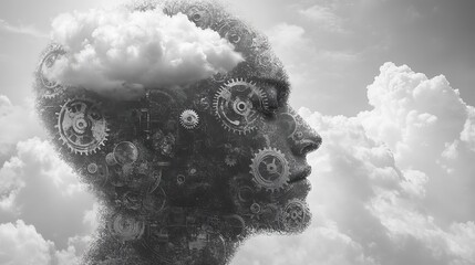 Poster - surreal collage vintage poster style photography man with gears and cloud on his head black and white