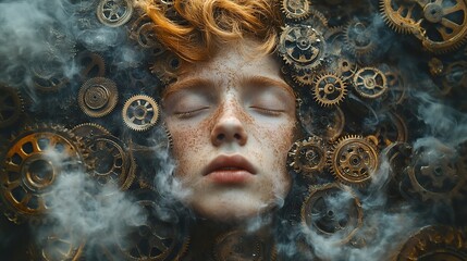 Poster - surreal collage vintage poster style photography portrait of a young man with gears cogwheels and smoke in his head
