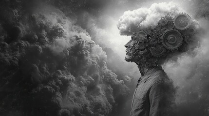 Aufkleber - surreal collage vintage poster style photography man with gears and cloud on his head black and white