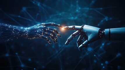 Aufkleber - A human hand and an AI robot's hands touching, with digital data flowing between them on a dark blue background, symbolizing the connection of technology to people. Image in the center., 8k image