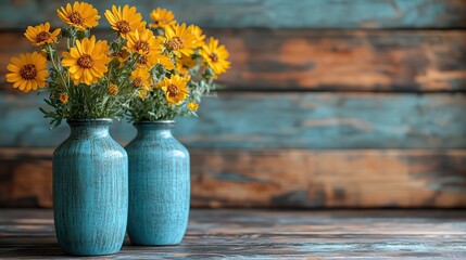 Aufkleber - three vases with yellow flowers on a wooden background toned boho interior