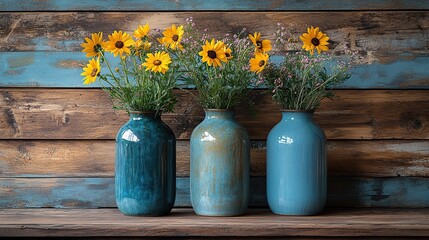 Aufkleber - three vases with yellow flowers on a wooden background toned boho interior