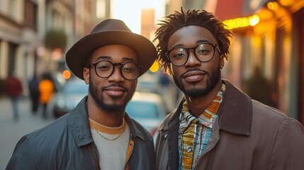 Poster - two young african american men walking in the city at sunset