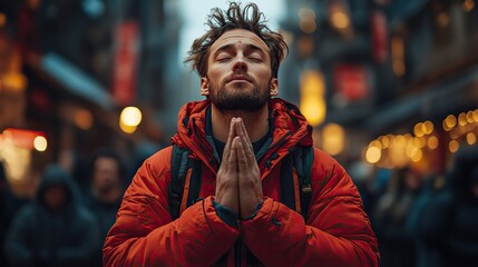 Aufkleber - unity in prayer faith beyond destruction man in a red jacket praying in front of the crowd