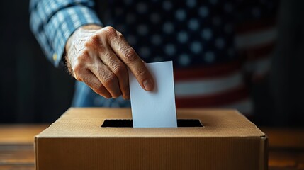 Aufkleber - usa election concept hand putting voting paper in ballot box with flag of the united states of america black background