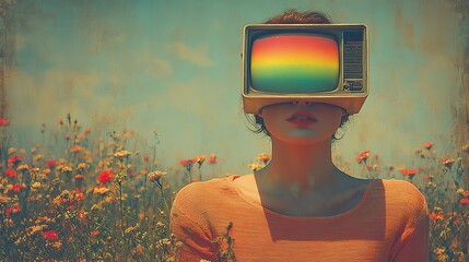 Poster - vintage collage of woman with tv on her head and rainbow on the background psychedelic style with 70s hues mixed media